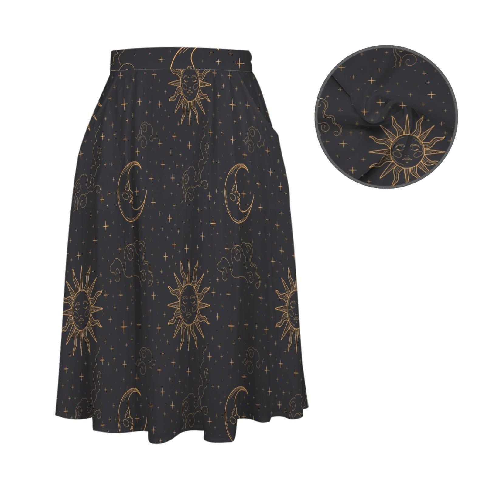 Celestial Sun Moon Midi Skirt with Pockets, Gold Tarot Witchy Style Festivals