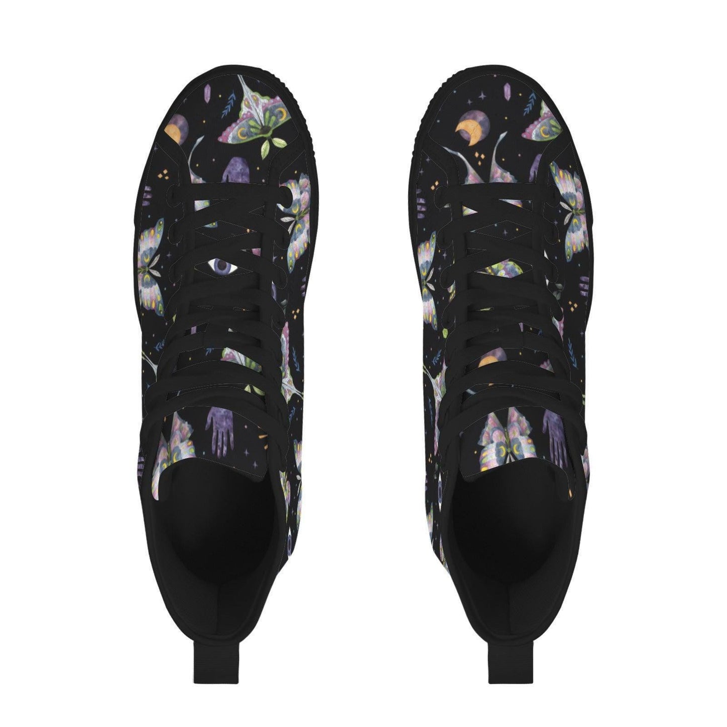 Witchy Moth Moon Sneakers, Pastel Botanical Evil Eye Canvas Shoes
