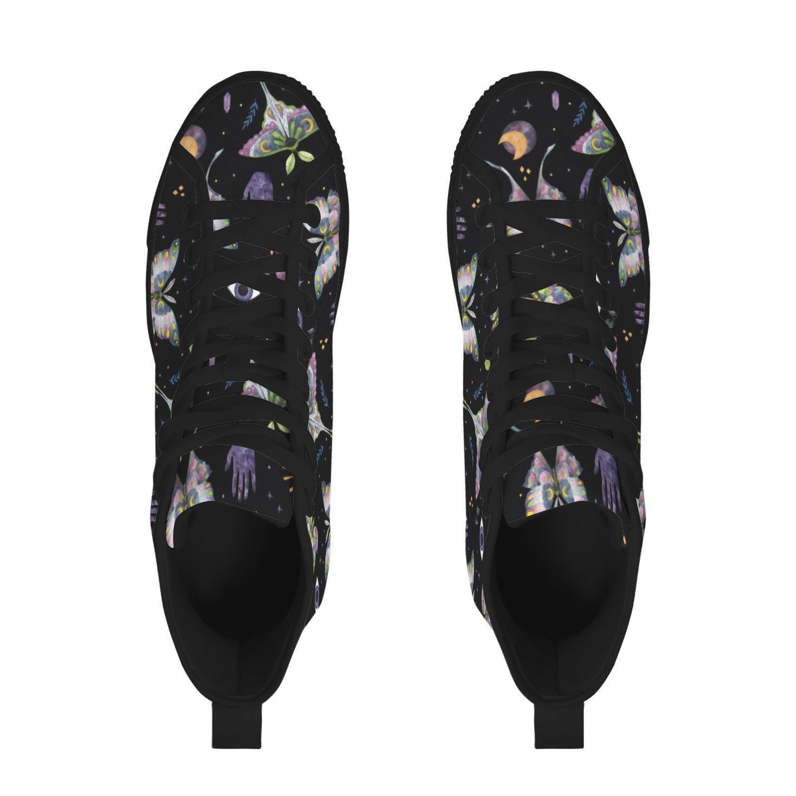 Witchy Moth Moon Sneakers, Pastel Botanical Evil Eye Canvas Shoes