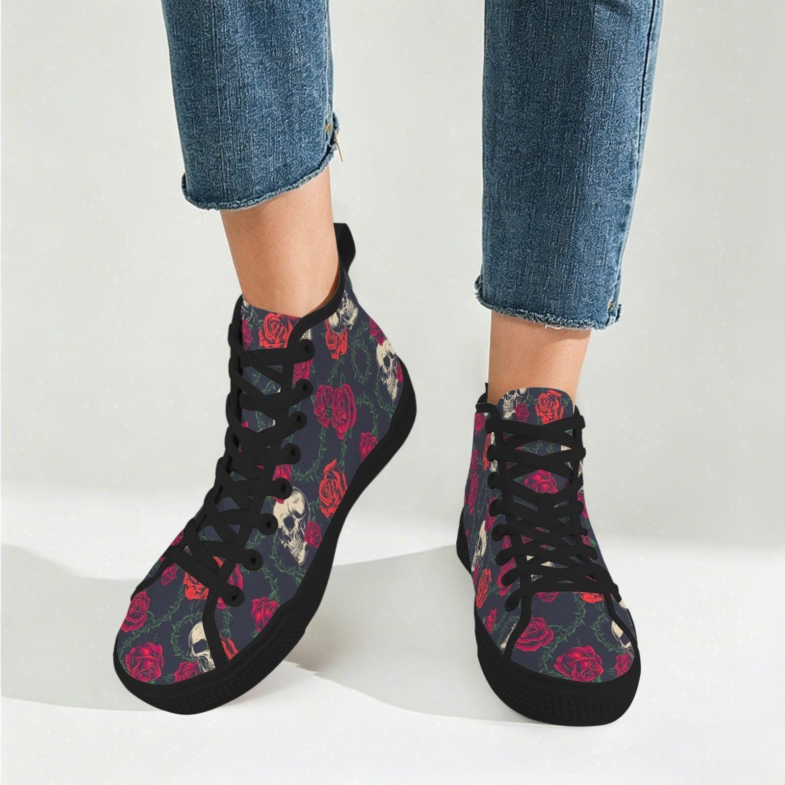 Skull Rose High Top Canvas Sneakers, Gothic Tattoo Art Lace Up Kicks