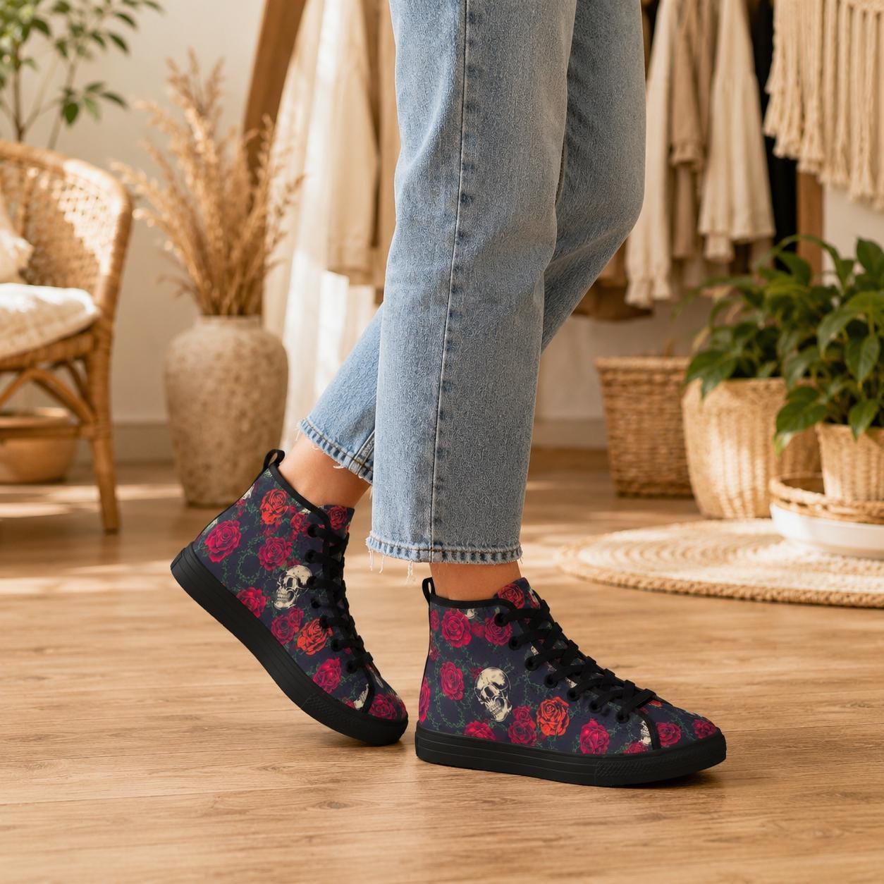 Skull Rose High Top Canvas Sneakers, Gothic Tattoo Art Lace Up Kicks