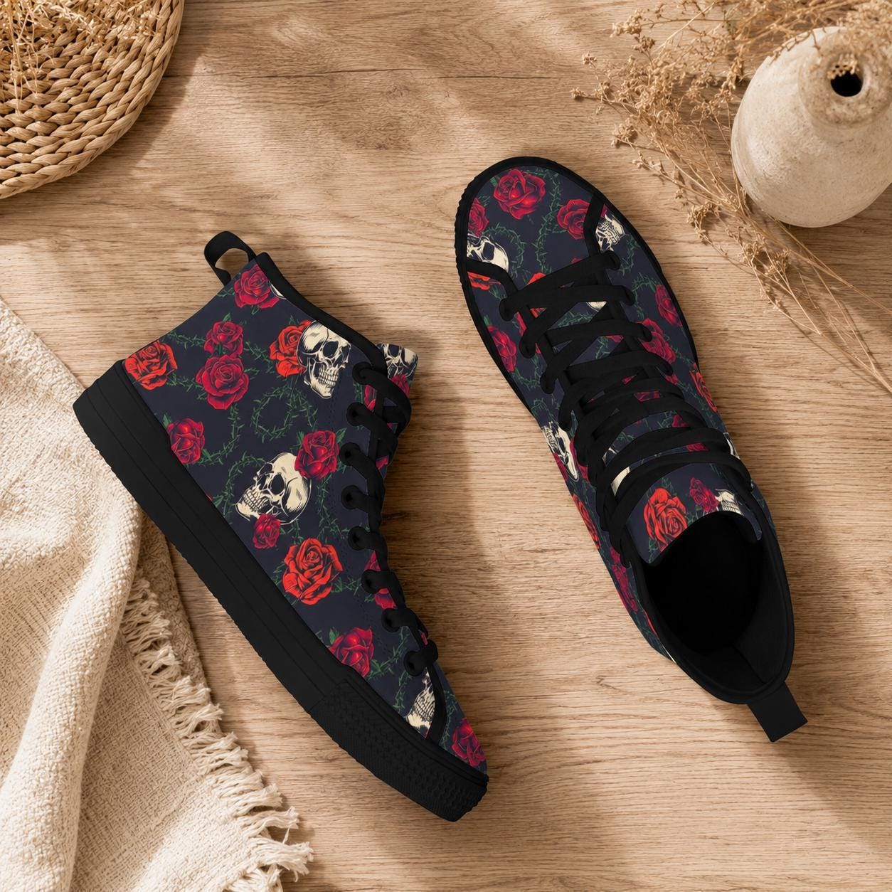 Skull Rose High Top Canvas Sneakers, Gothic Tattoo Art Lace Up Kicks