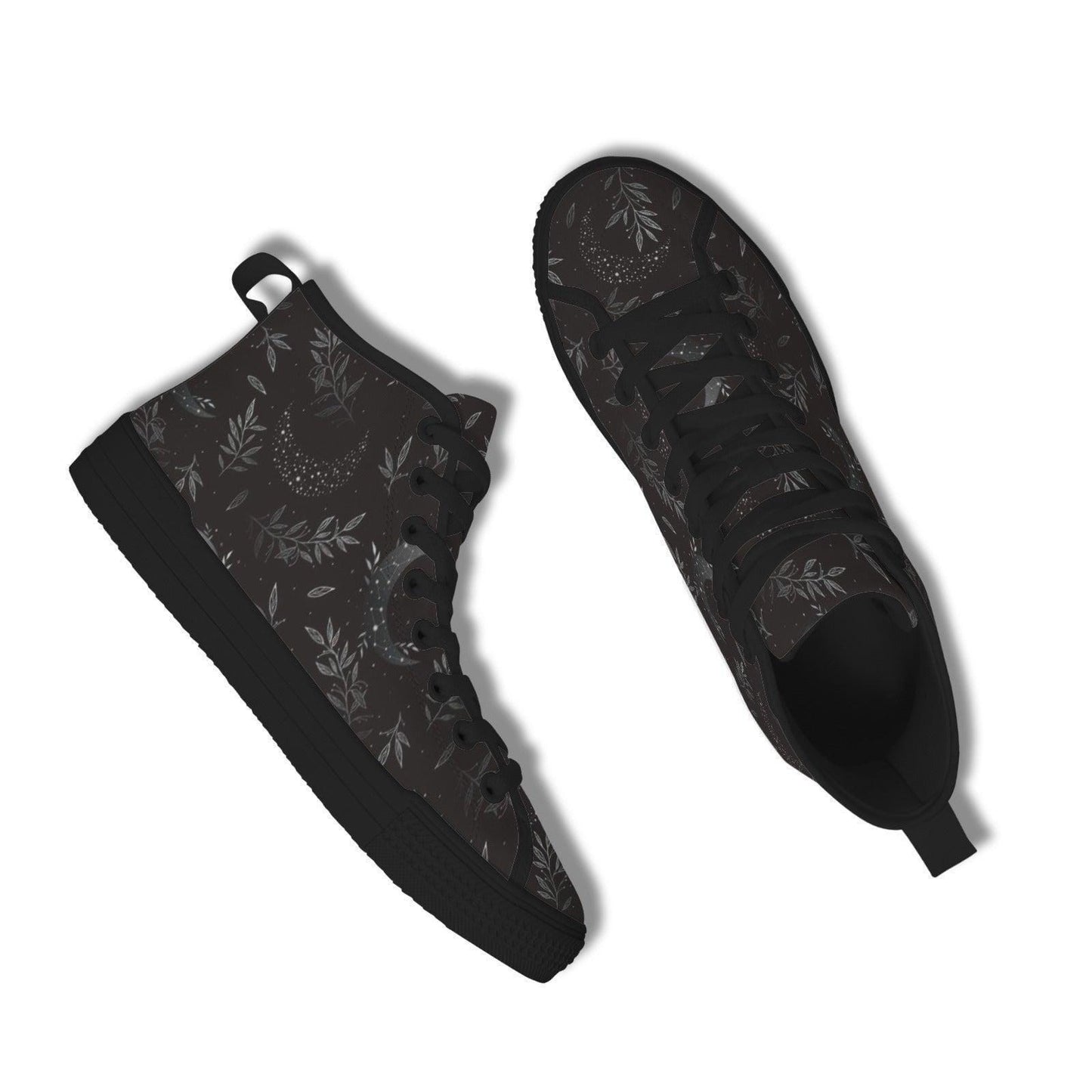 Witchy High Top Sneakers, Black Botanical Moon Wildflower Print Canvas Shoes