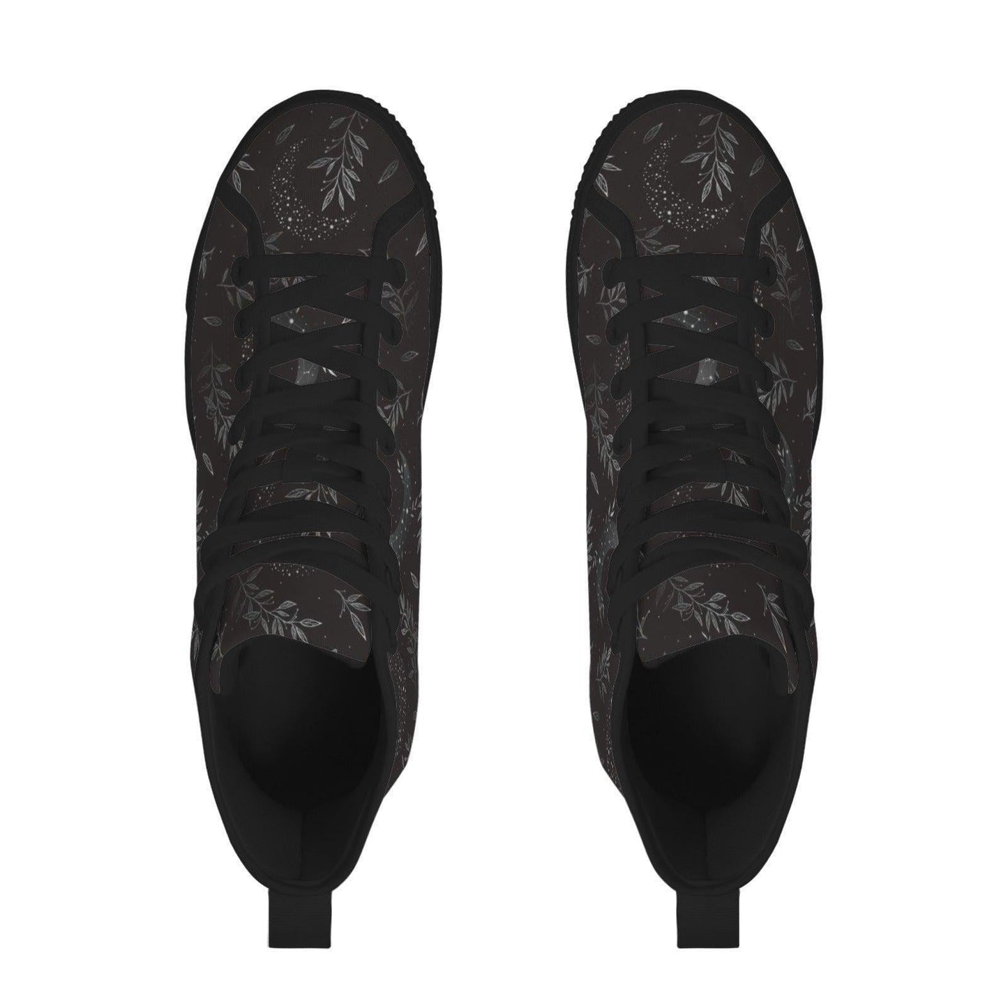 Witchy High Top Sneakers, Black Botanical Moon Wildflower Print Canvas Shoes