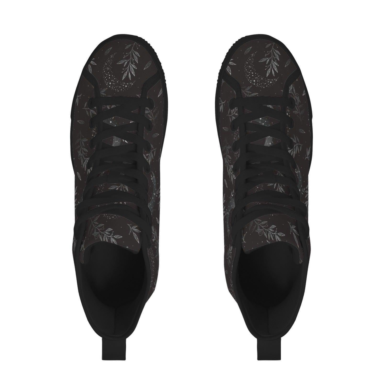 Witchy High Top Sneakers, Black Botanical Moon Wildflower Print Canvas Shoes