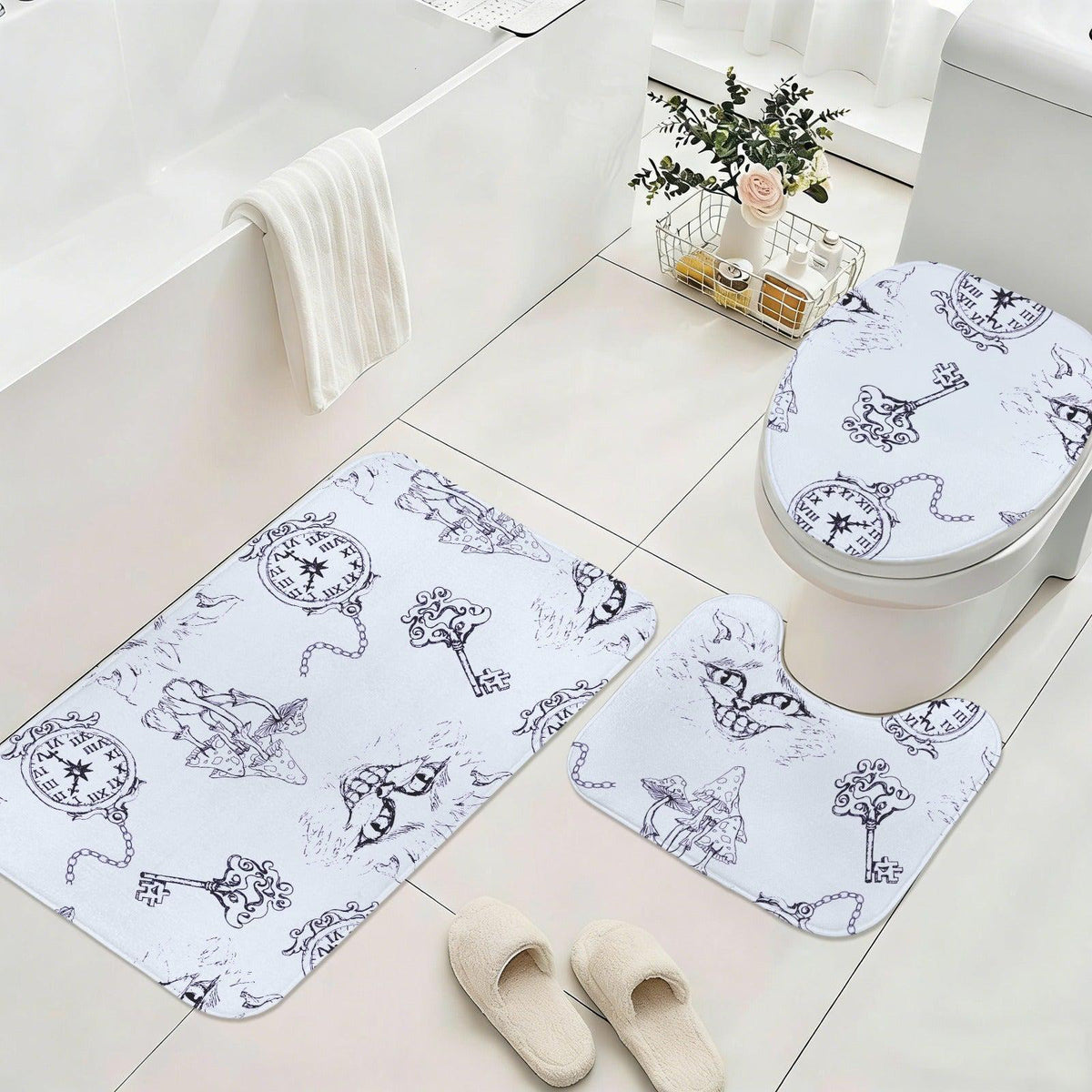 Alice in Wonderland Bathroom Rug Set, Clock and Key Storybook Bath Mats