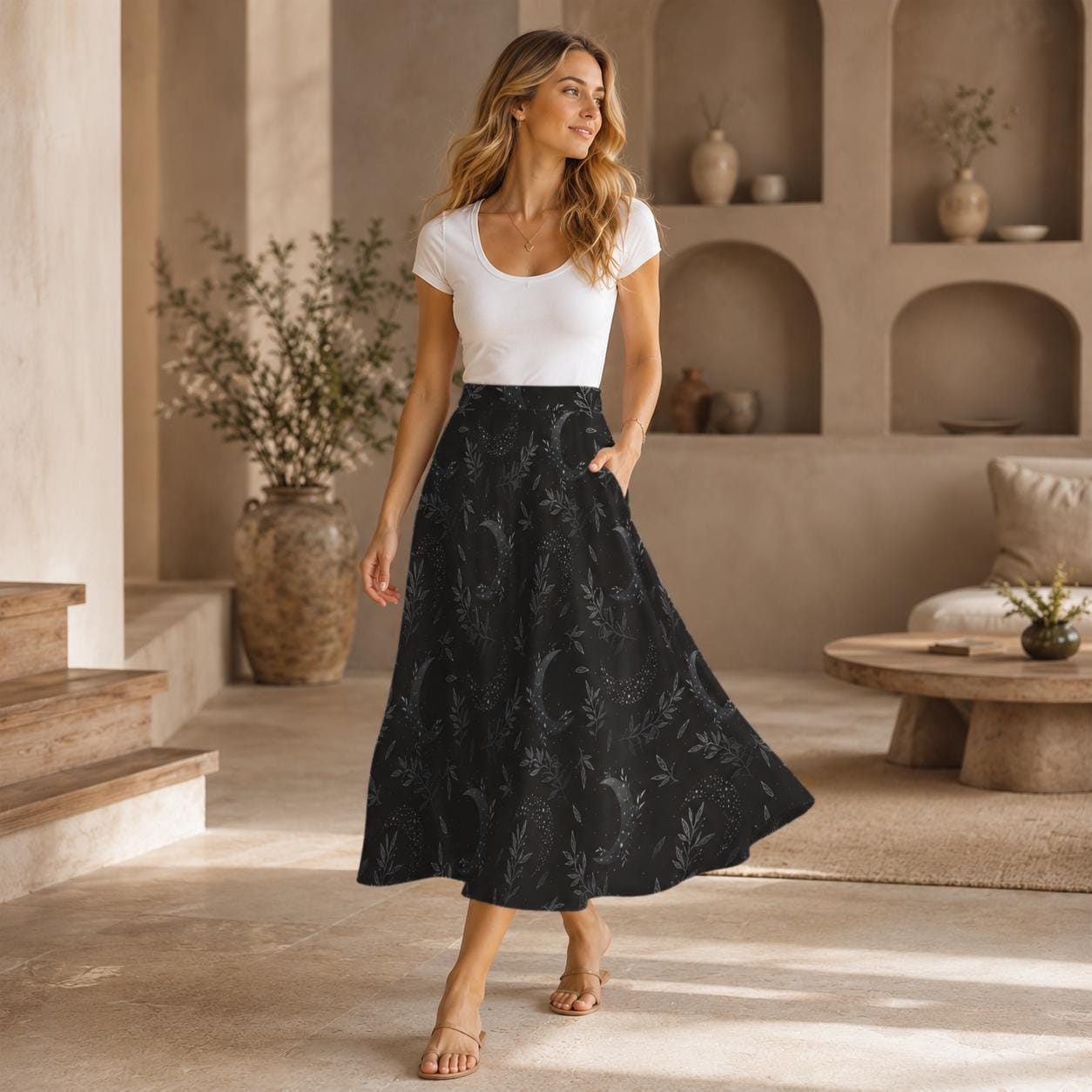 Whimsigoth Midi Skirt, Black Moon Botanical Print, High Waist A-Line with Pockets