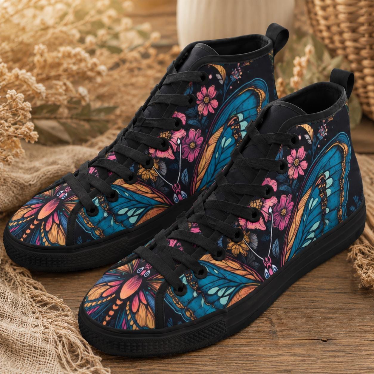 Butterfly High Top Sneakers, Stained Glass Floral Canvas Shoes, Boho Wildflower Festival Season