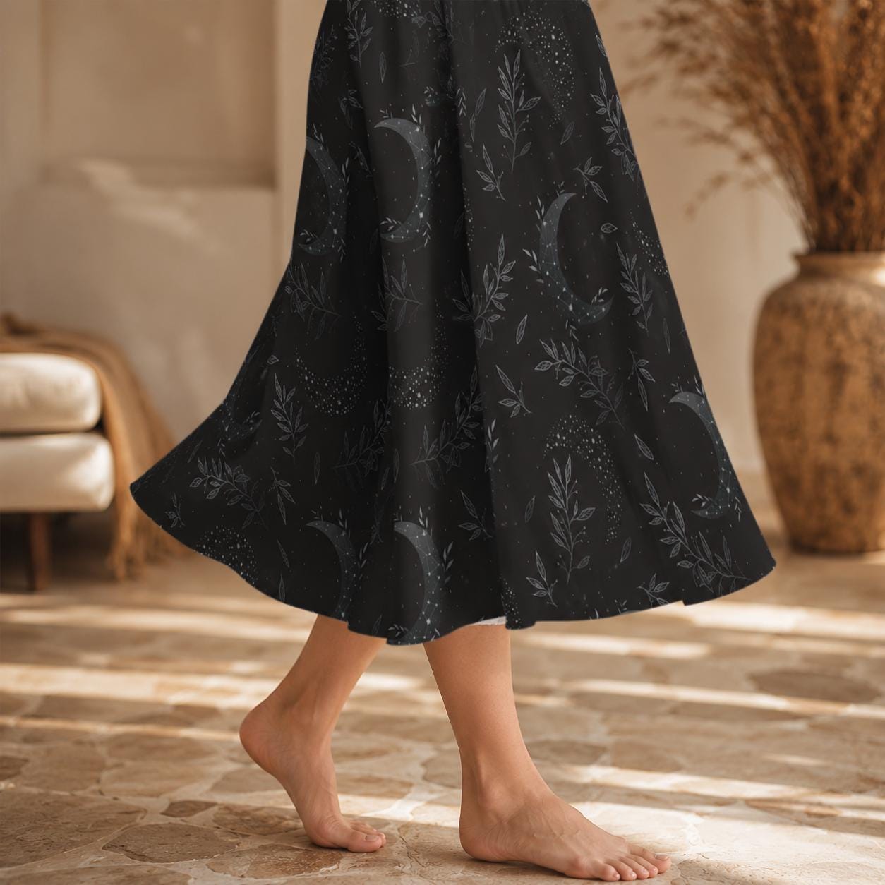 Whimsigoth Midi Skirt, Black Moon Botanical Print, High Waist A-Line with Pockets