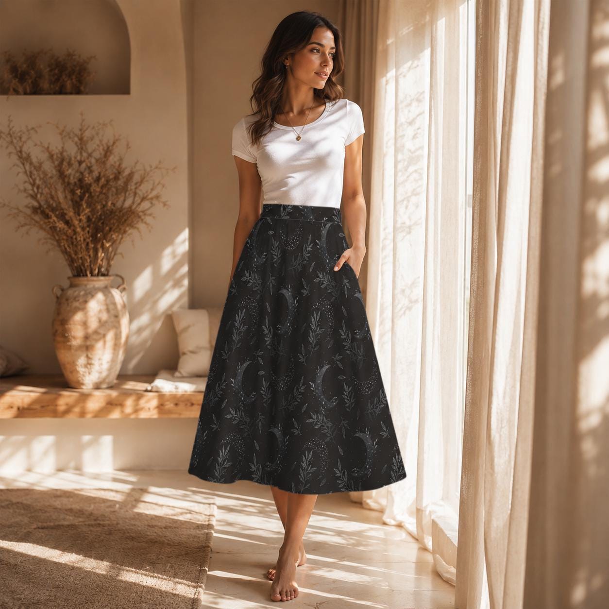 Whimsigoth Midi Skirt, Black Moon Botanical Print, High Waist A-Line with Pockets