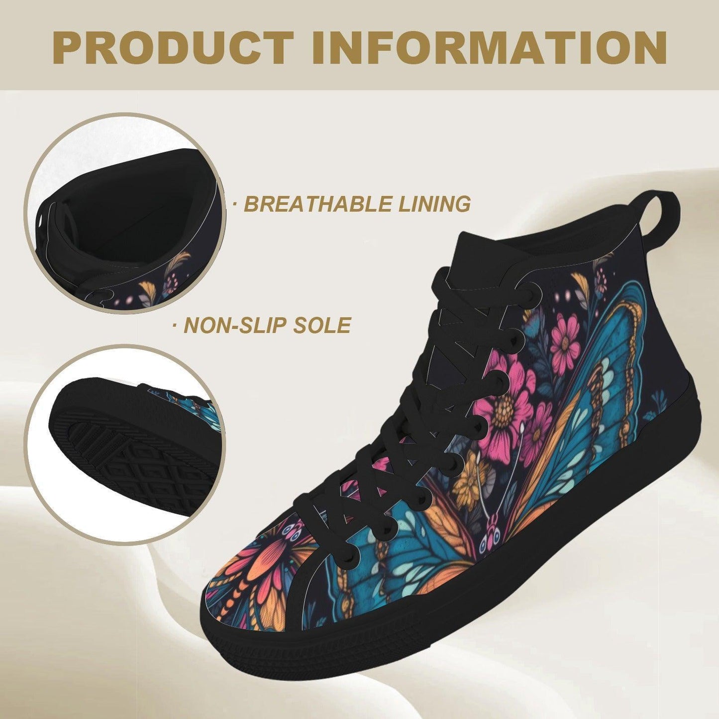Butterfly High Top Sneakers, Stained Glass Floral Canvas Shoes, Boho Wildflower Festival Season