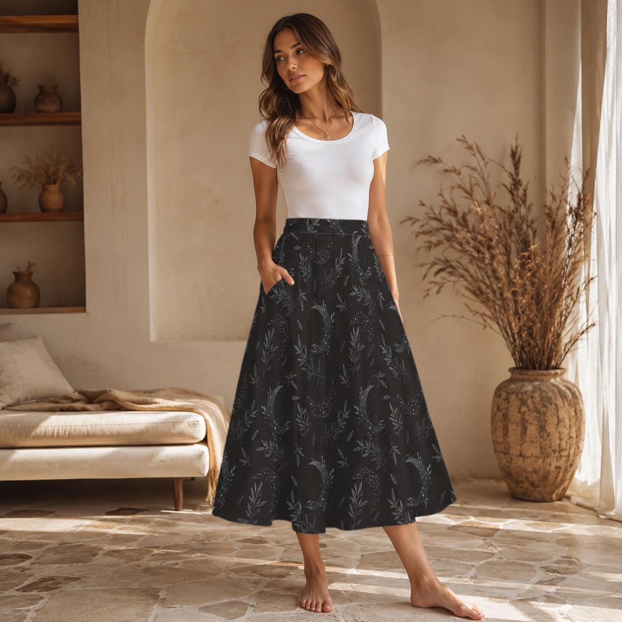 Whimsigoth Midi Skirt, Black Moon Botanical Print, High Waist A-Line with Pockets
