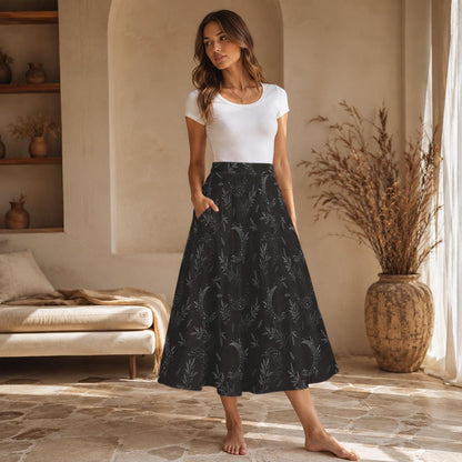 Whimsigoth Midi Skirt, Black Moon Botanical Print, High Waist A-Line with Pockets