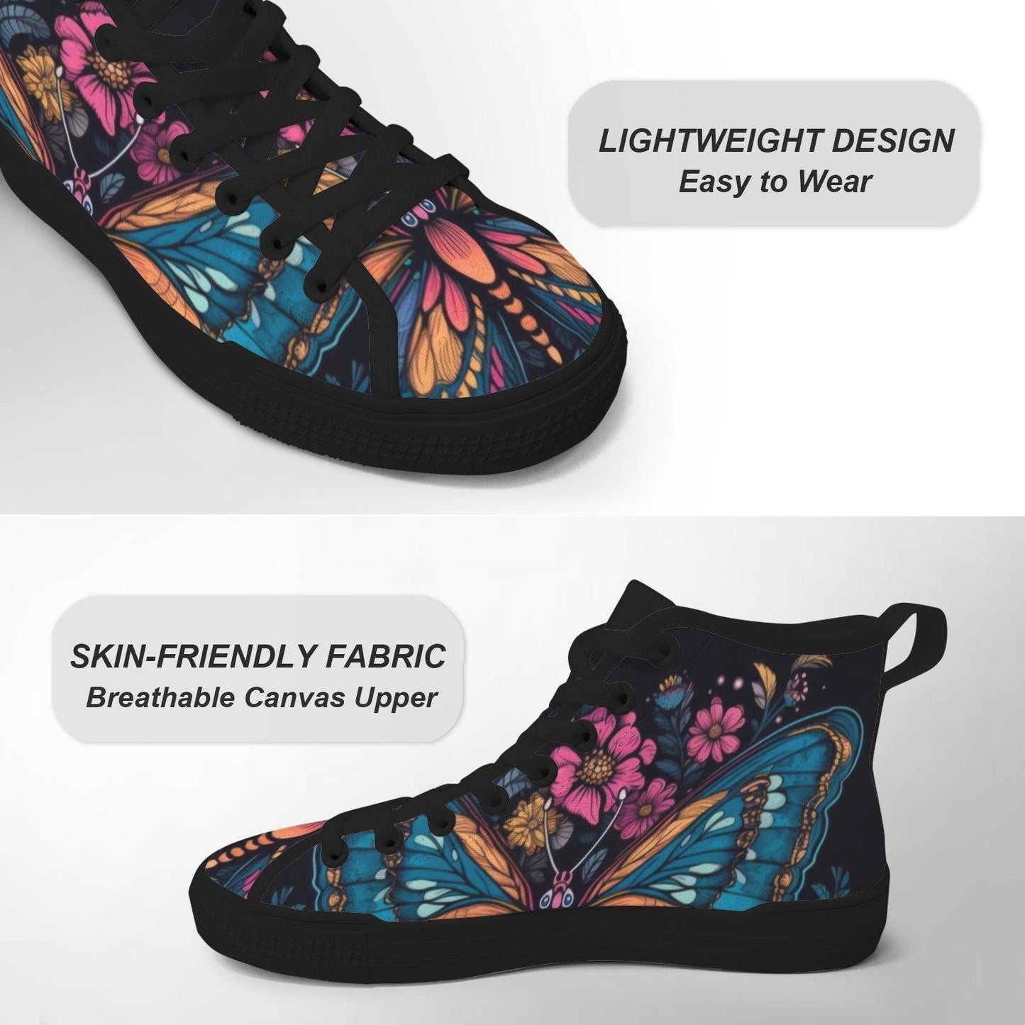 Butterfly High Top Sneakers, Stained Glass Floral Canvas Shoes, Boho Wildflower Festival Season