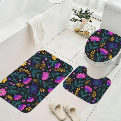 Wildflower Bathroom Rug Set, Dark Pink Purple Bath Mat and Toilet Contour Rug