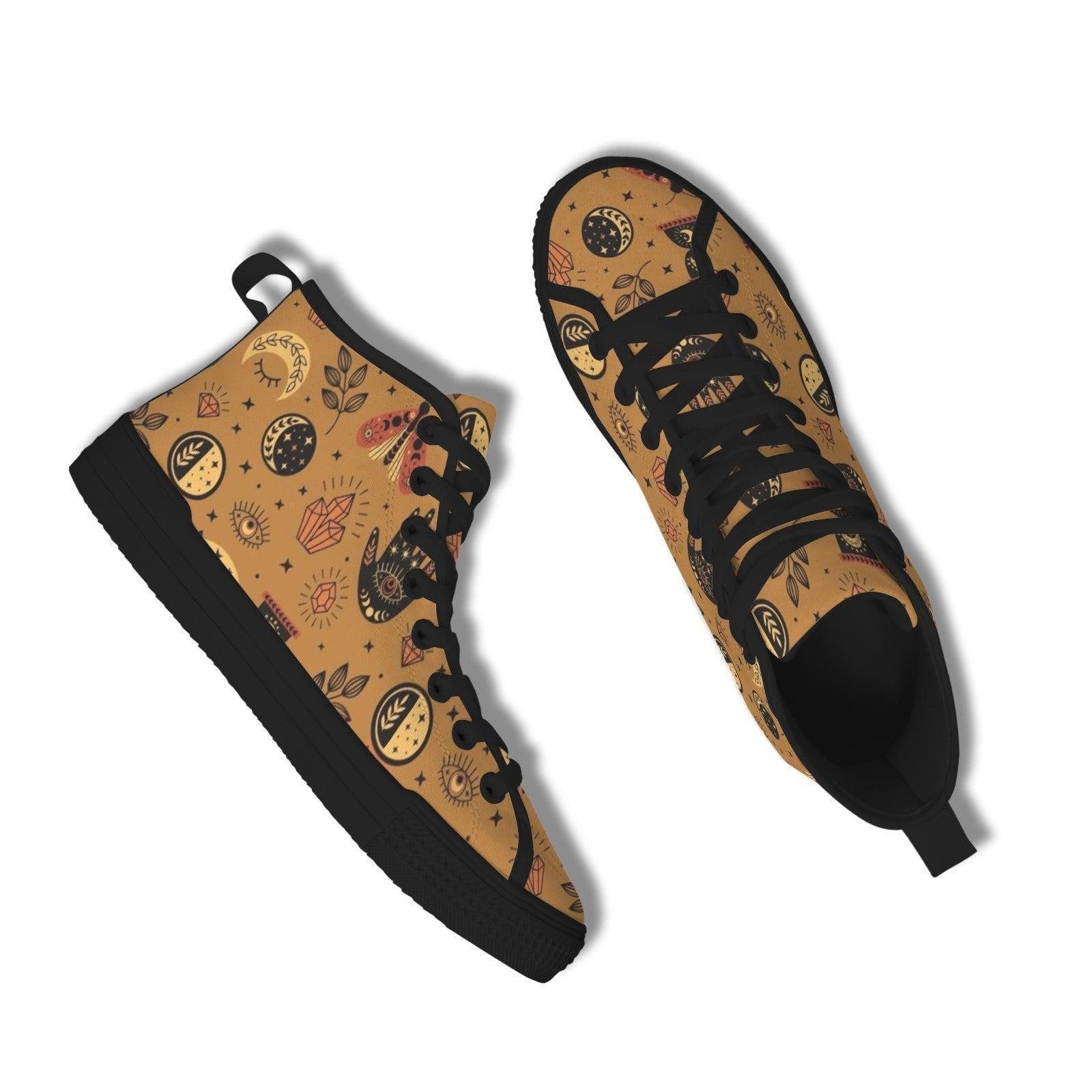 Celestial High Top Sneakers, Tan Sun Moon Mystic Eye Print Canvas Shoes
