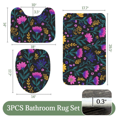 Wildflower Bathroom Rug Set, Dark Pink Purple Bath Mat and Toilet Contour Rug