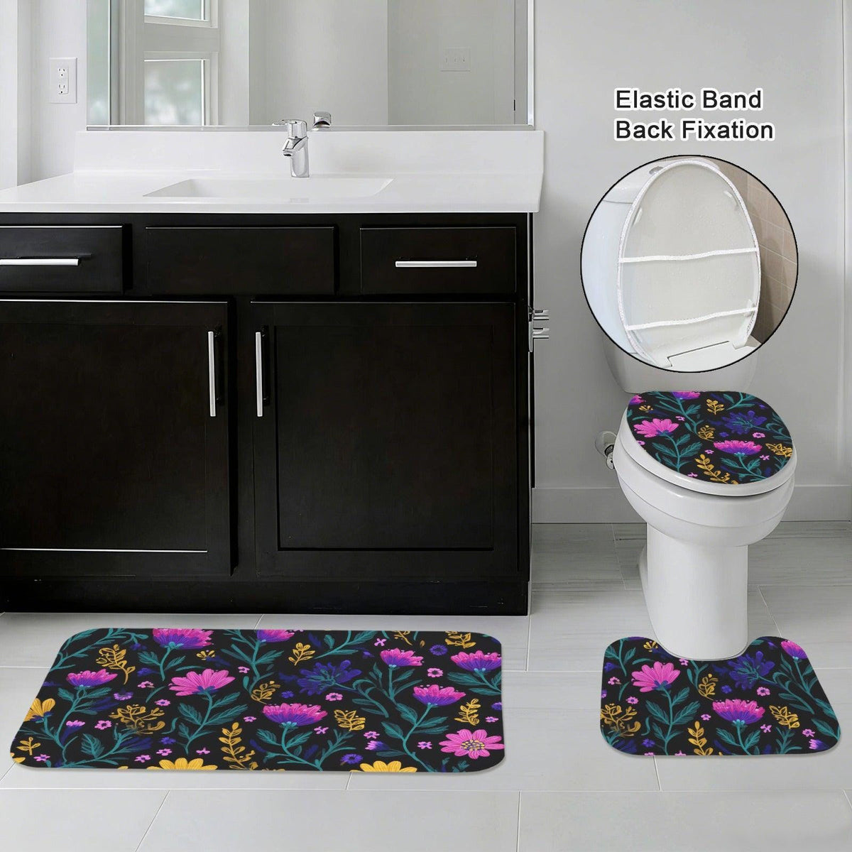 Wildflower Bathroom Rug Set, Dark Pink Purple Bath Mat and Toilet Contour Rug