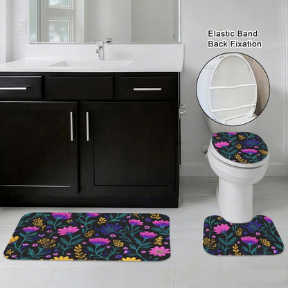 Wildflower Bathroom Rug Set, Dark Pink Purple Bath Mat and Toilet Contour Rug