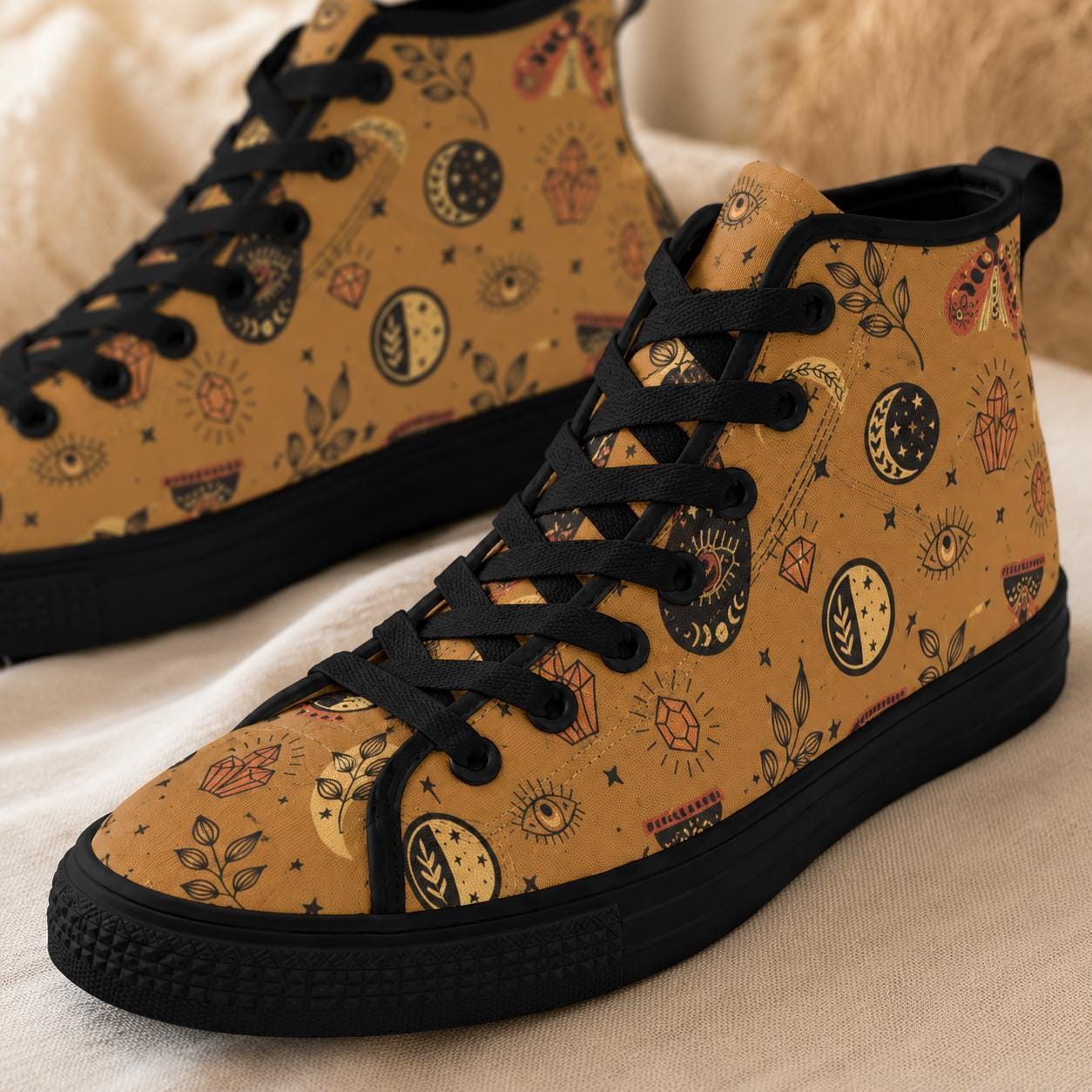 Celestial High Top Sneakers, Tan Sun Moon Mystic Eye Print Canvas Shoes