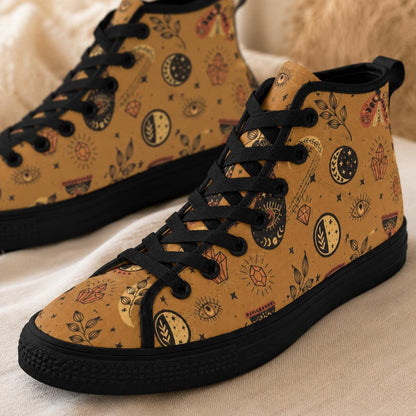 Celestial High Top Sneakers, Tan Sun Moon Mystic Eye Print Canvas Shoes