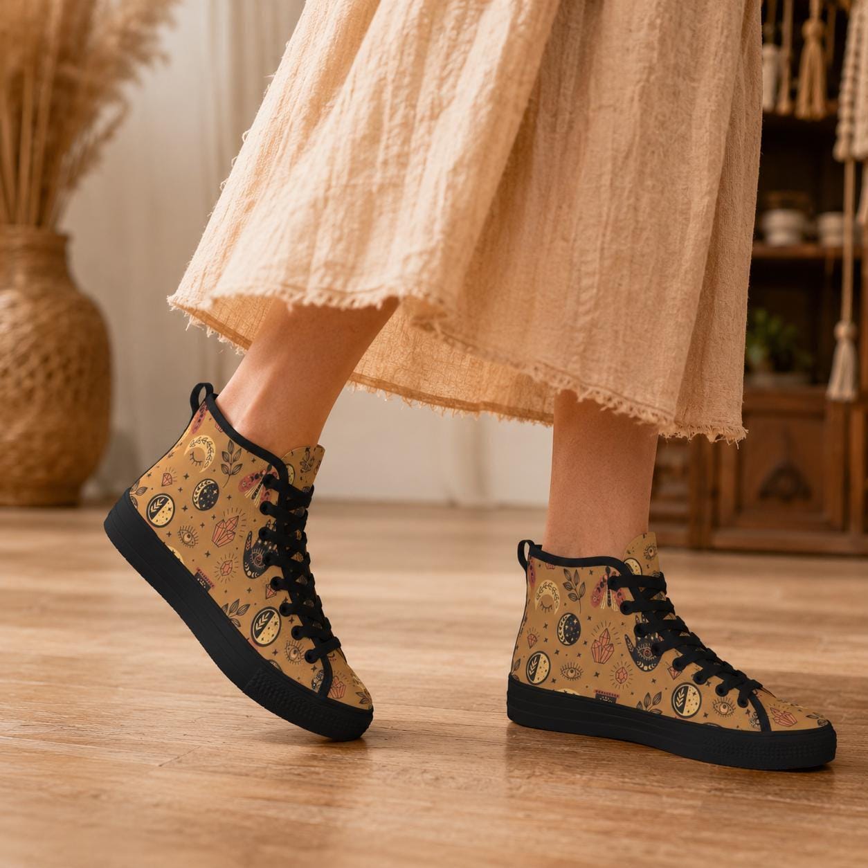 Celestial High Top Sneakers, Tan Sun Moon Mystic Eye Print Canvas Shoes