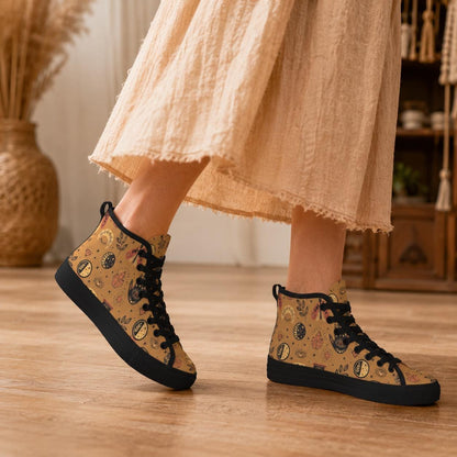 Celestial High Top Sneakers, Tan Sun Moon Mystic Eye Print Canvas Shoes
