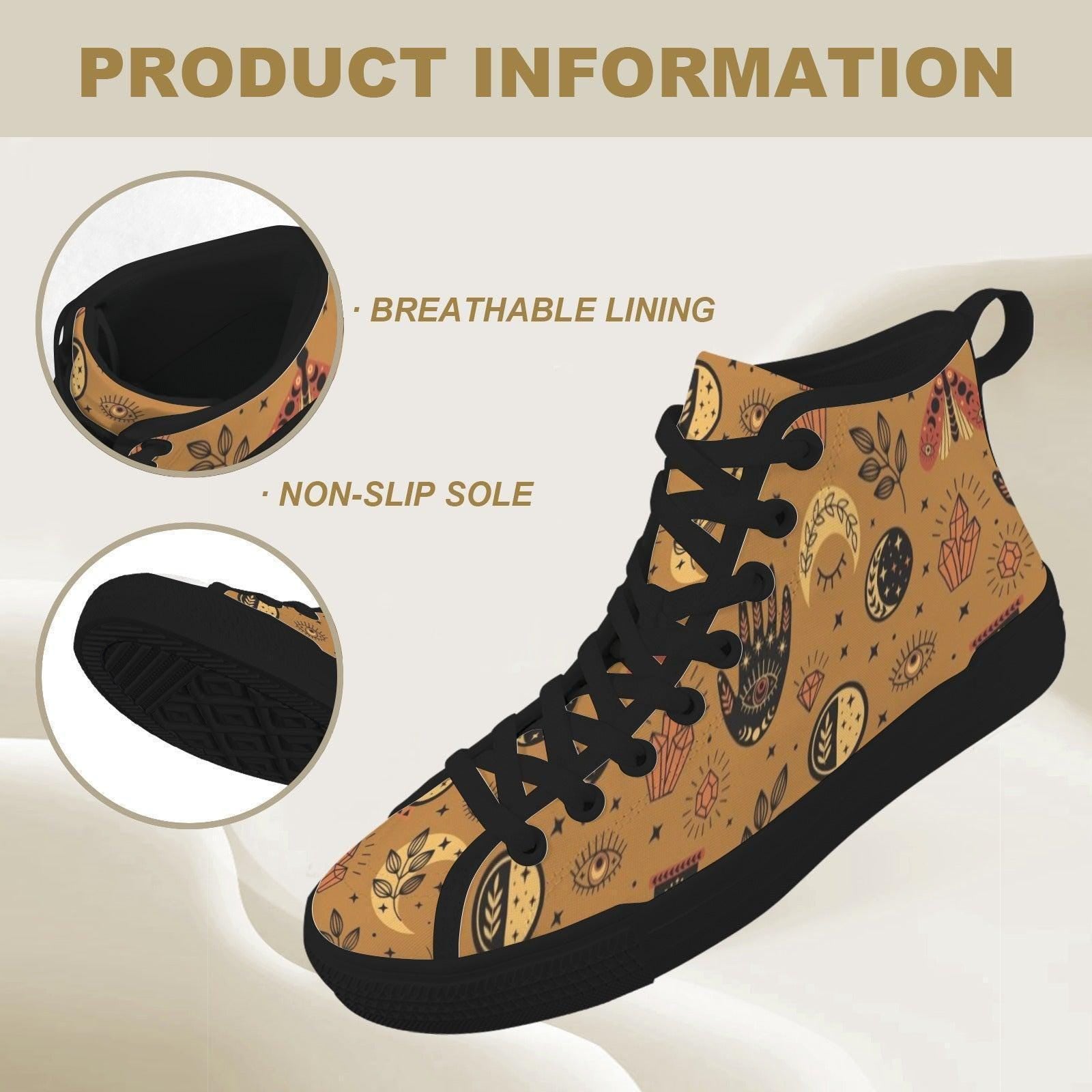 Celestial High Top Sneakers, Tan Sun Moon Mystic Eye Print Canvas Shoes