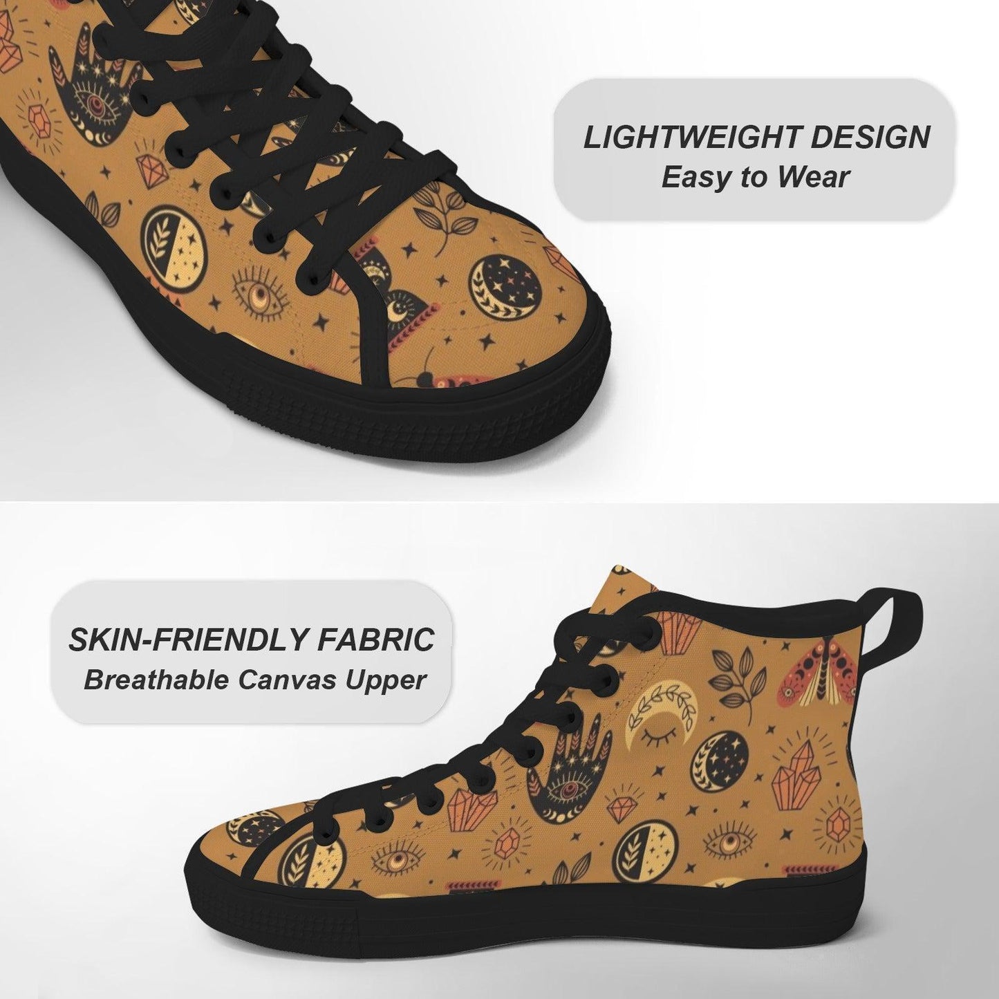 Celestial High Top Sneakers, Tan Sun Moon Mystic Eye Print Canvas Shoes