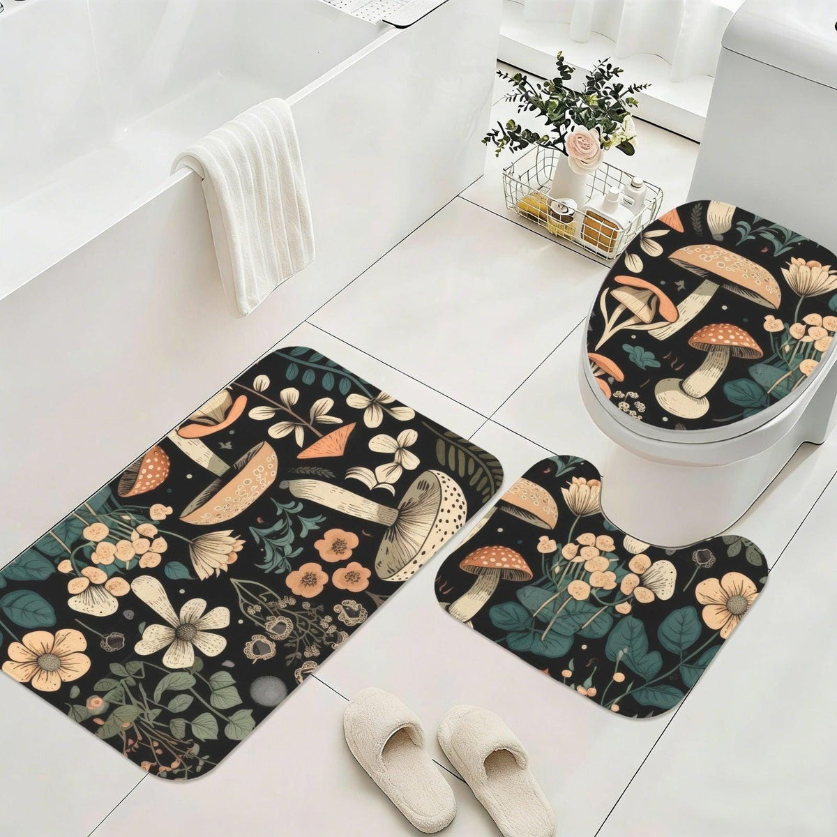 Mushroom Bathroom Rug Set, Dark Woodland Floral Bath Mat and Toilet Contour Rug