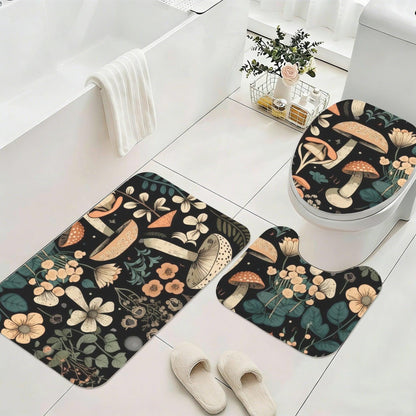 Mushroom Bathroom Rug Set, Dark Woodland Floral Bath Mat and Toilet Contour Rug
