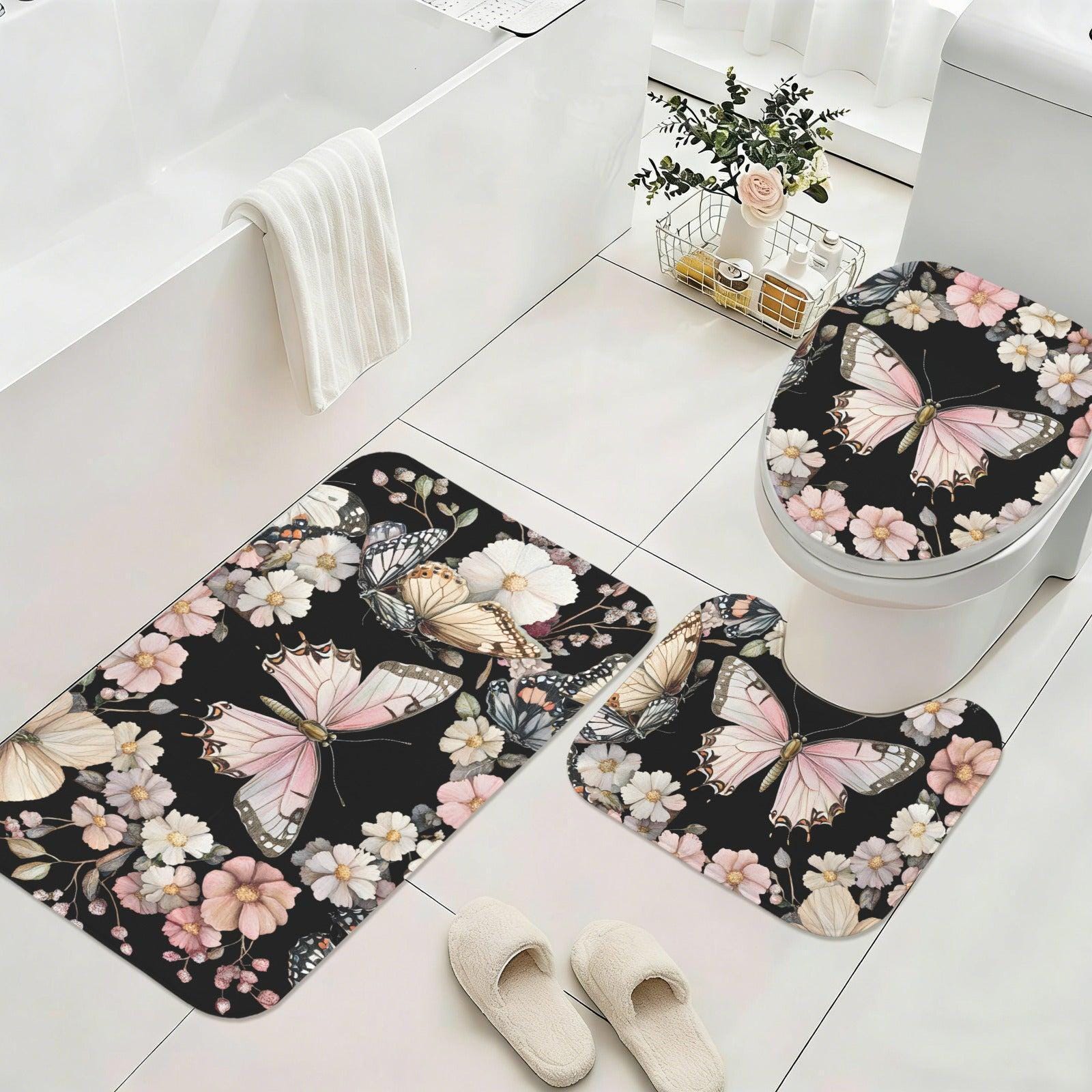 Pink Butterfly 3-Piece Bathroom Rug Set