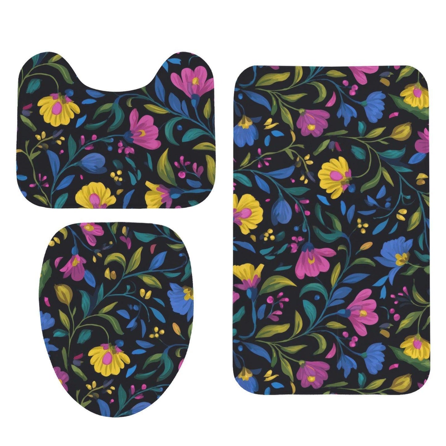 Black Folk Floral 3-Piece Bathroom Rug Set