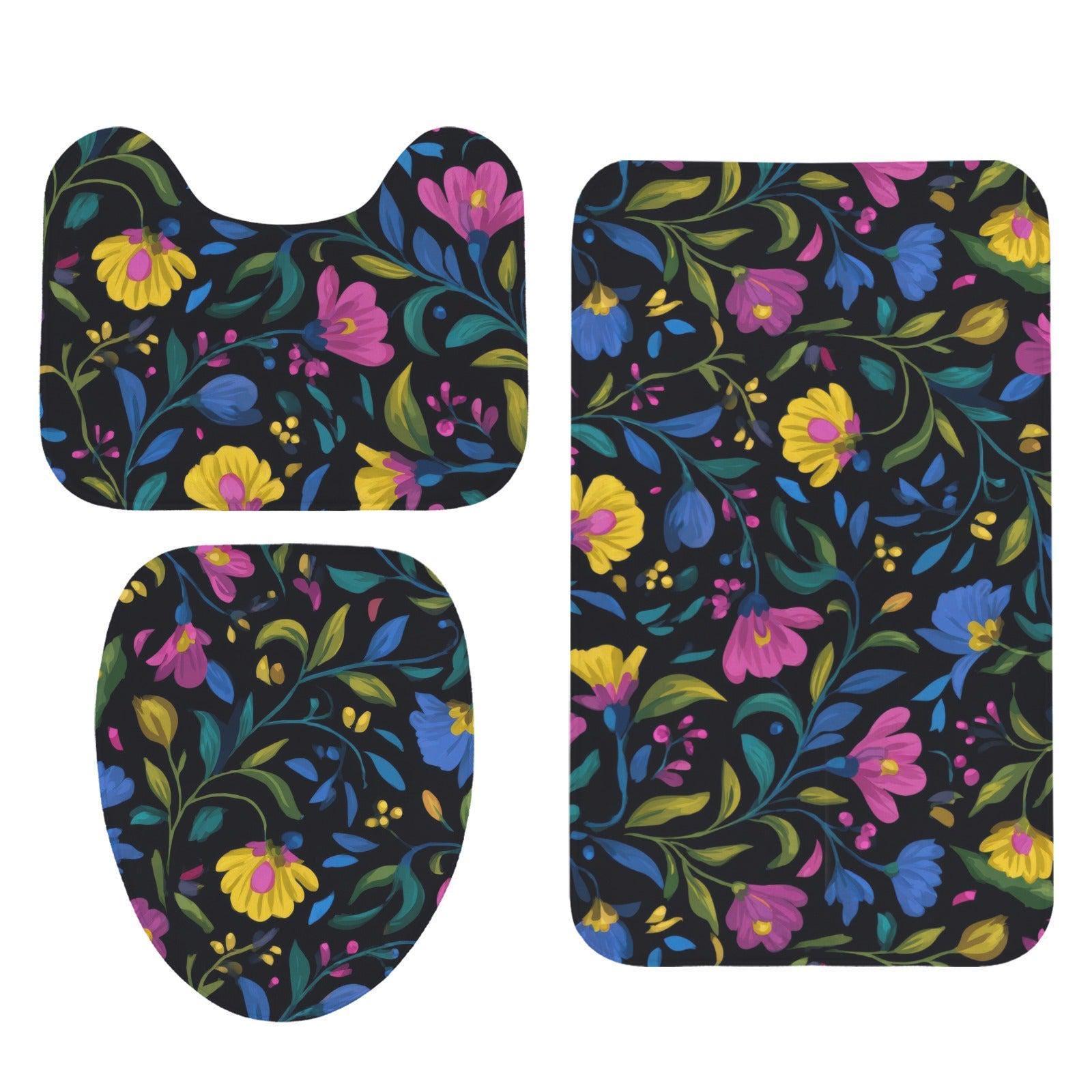 Black Folk Floral 3-Piece Bathroom Rug Set