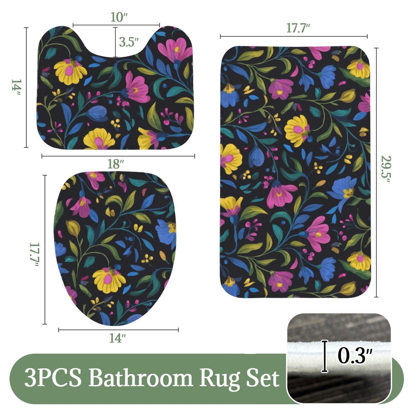 Black Folk Floral 3-Piece Bathroom Rug Set