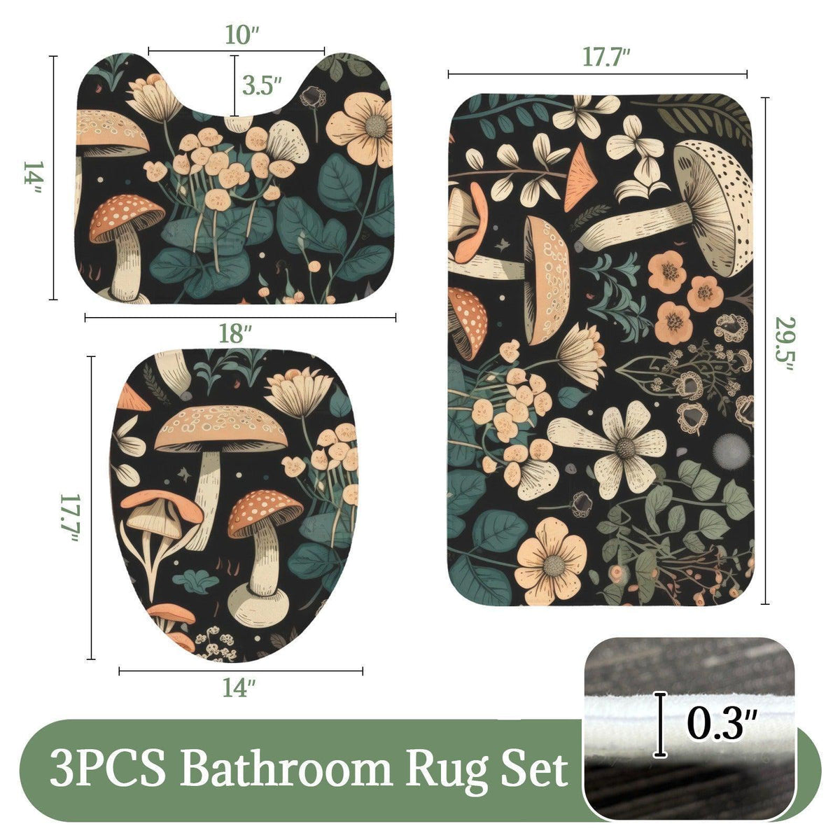 Mushroom Bathroom Rug Set, Dark Woodland Floral Bath Mat and Toilet Contour Rug