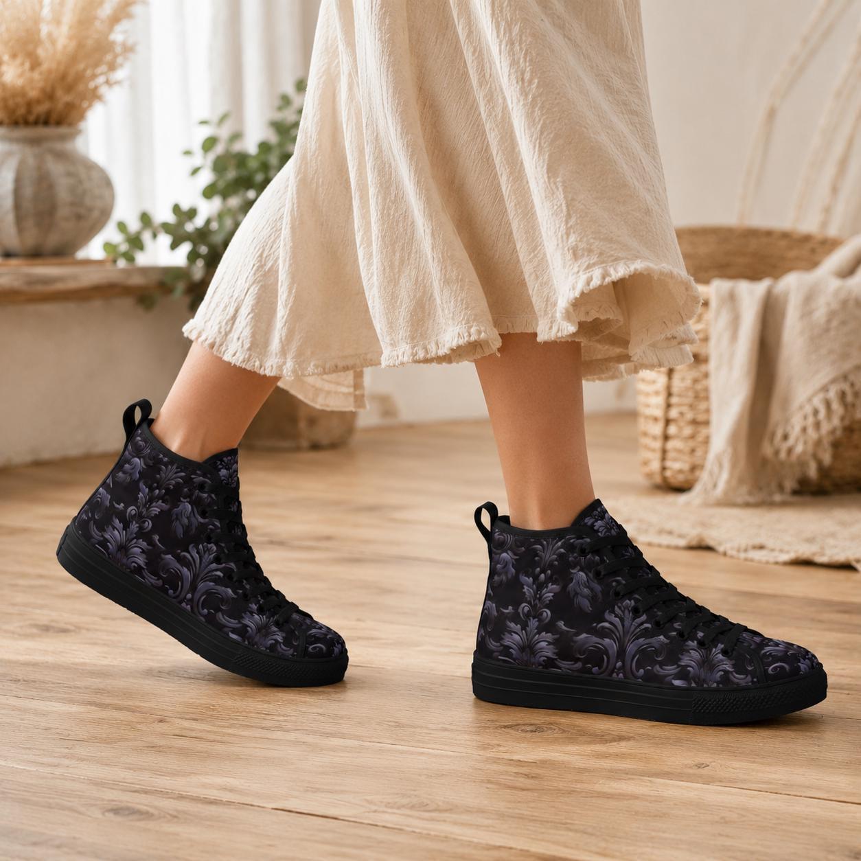 Gothic High Top Sneakers, Black Damask Baroque Canvas Shoes, Goth Streetwear