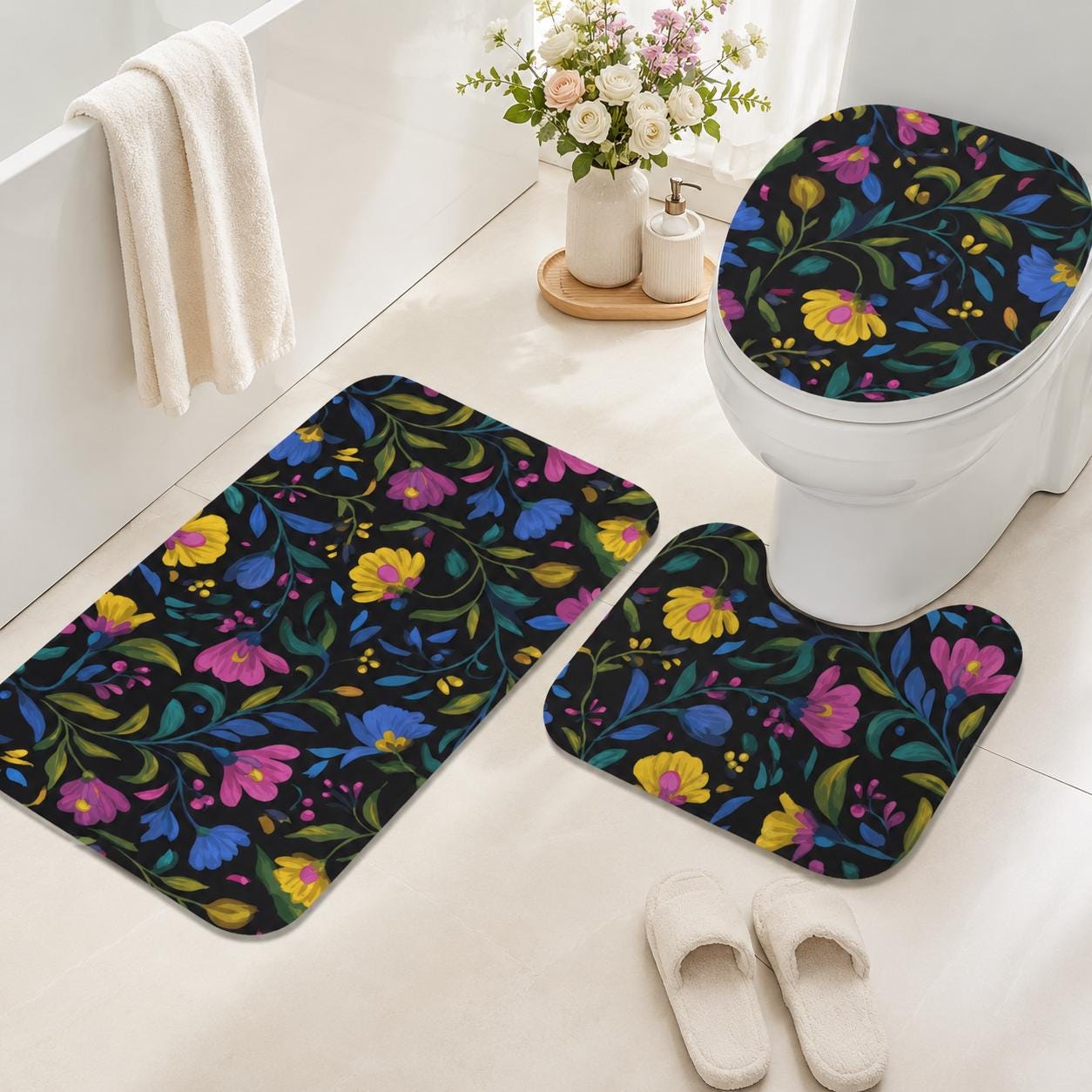 Black Folk Floral 3-Piece Bathroom Rug Set