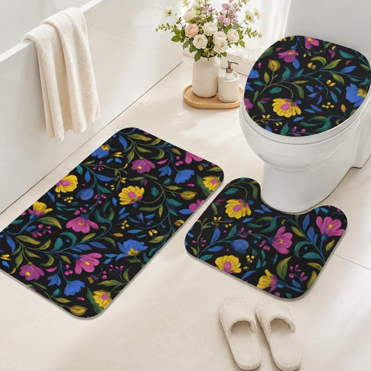 Black Folk Floral 3-Piece Bathroom Rug Set