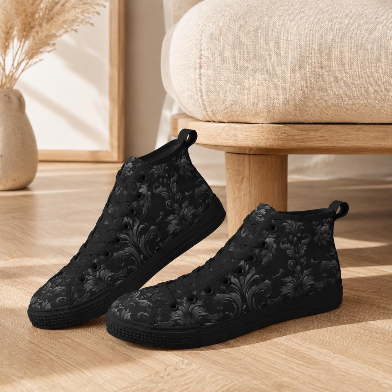 Gothic High Top Sneakers, Black Damask Baroque Canvas Shoes, Goth Streetwear