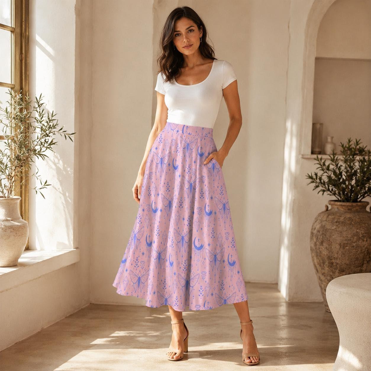 Fairycore Celestial Butterfly Maxi Skirt, Flowy Purple Moon Print Summer Festival