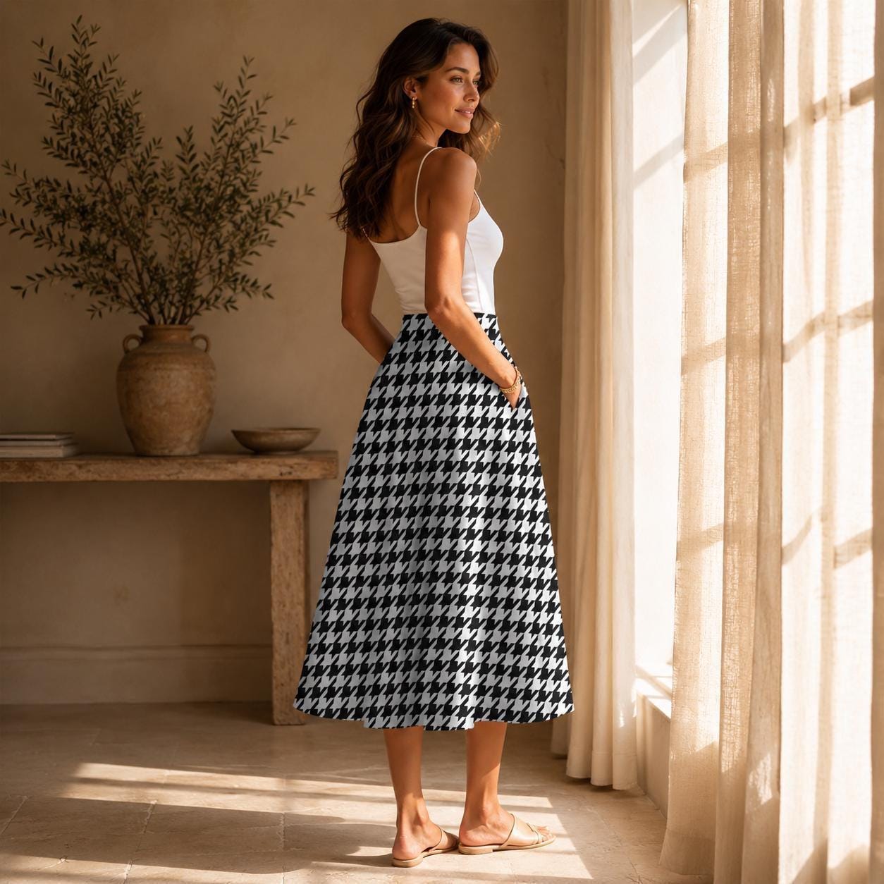 Houndstooth Midi Swing Skirt, Black White Check, Vintage Style Office Brunch Outfits