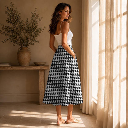 Houndstooth Midi Swing Skirt, Black White Check, Vintage Style Office Brunch Outfits