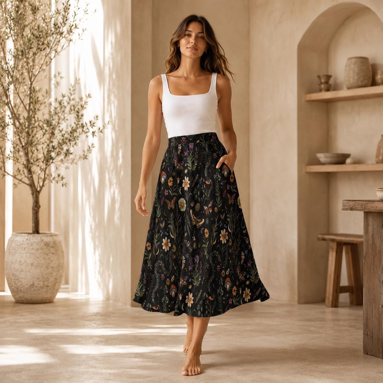 Dark Botanical Mushroom Midi Skirt, Cottagecore Floral Print, High Waist Pockets