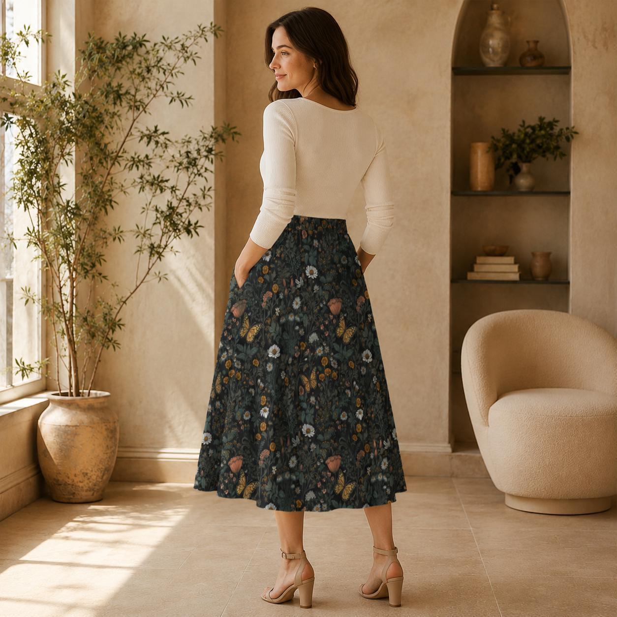 Dark Botanical Butterfly Midi Skirt, Moody Floral Garden A Line, Cottagecore Summer Style