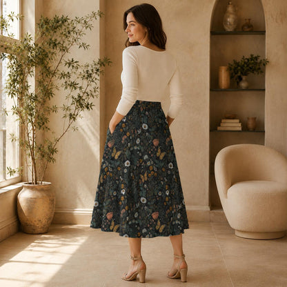 Dark Botanical Butterfly Midi Skirt, Moody Floral Garden A Line, Cottagecore Summer Style