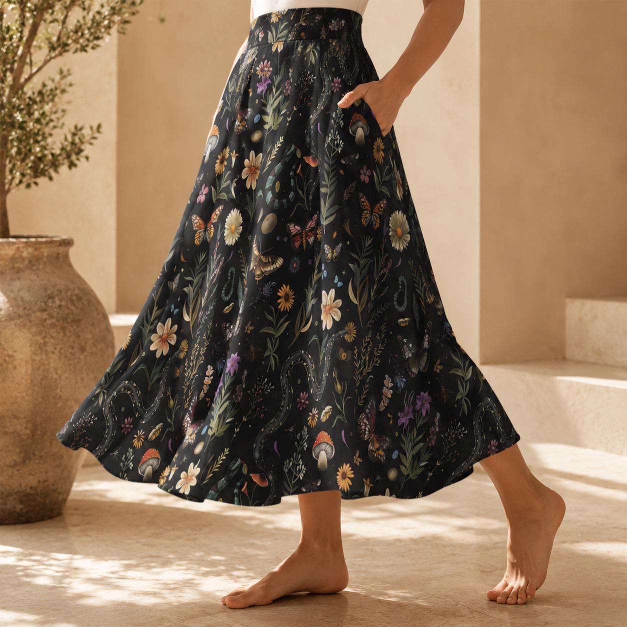 Dark Botanical Mushroom Midi Skirt, Cottagecore Floral Print, High Waist Pockets