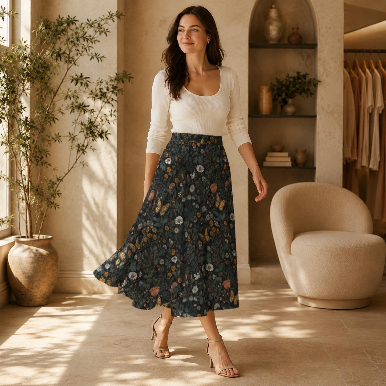 Dark Botanical Butterfly Midi Skirt, Moody Floral Garden A Line, Cottagecore Summer Style