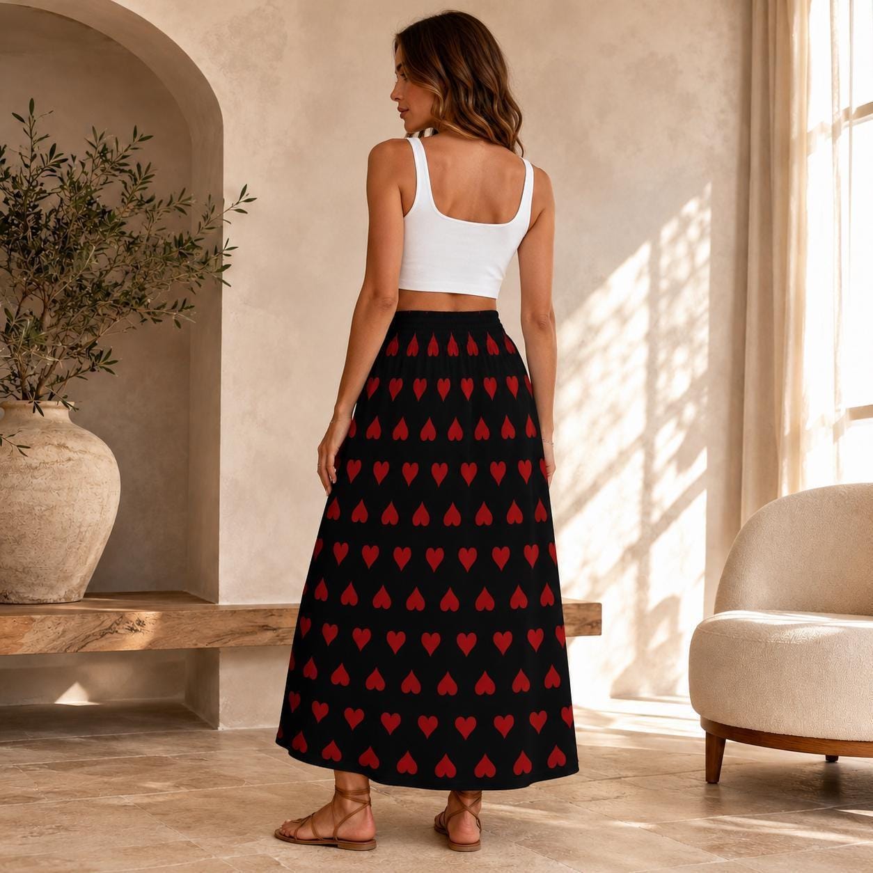 Black Red Heart Maxi Skirt, High Waist Flowy A-Line, Dark Romantic Style