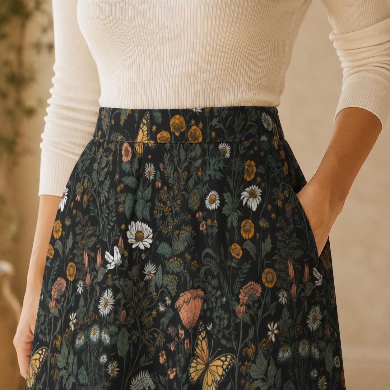 Dark Botanical Butterfly Midi Skirt, Moody Floral Garden A Line, Cottagecore Summer Style